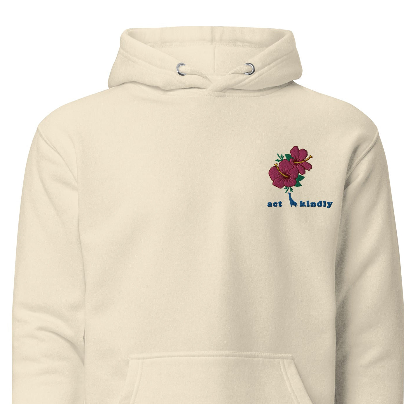 Beige hoodie with floral design and text on a white background 'Act Kindly'