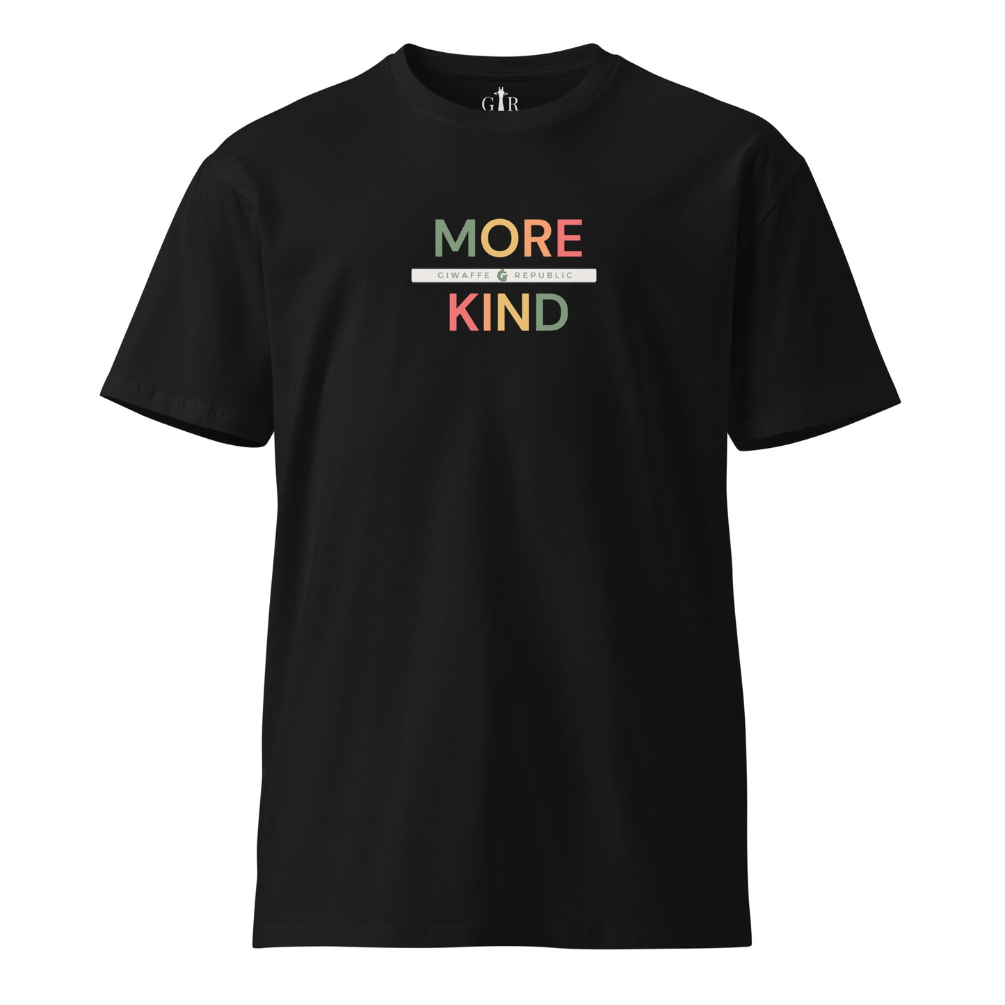 Black t-shirt with 'More Kind' text on a white background