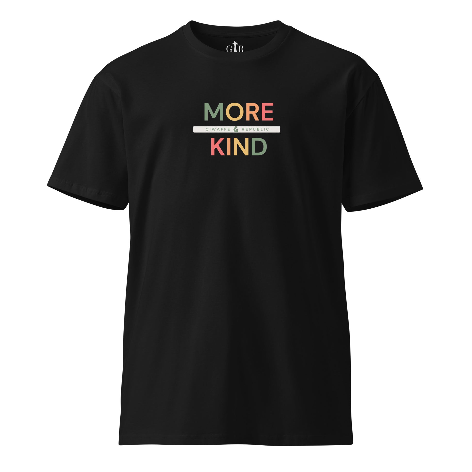 Black t-shirt with 'More Kind' text on a white background