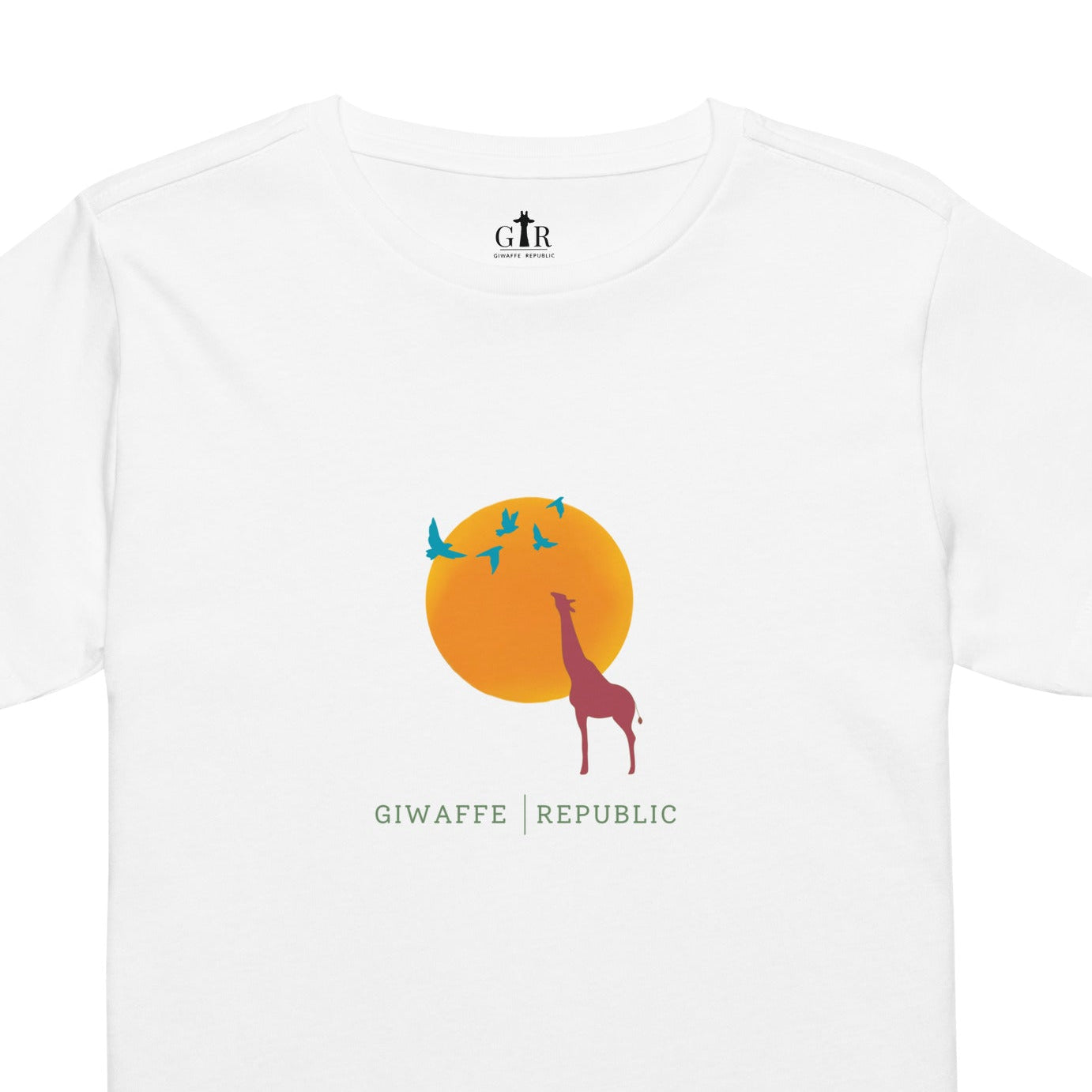 White t-shirt with a giraffe graphic and 'Giwaffe Republic' text on a white background